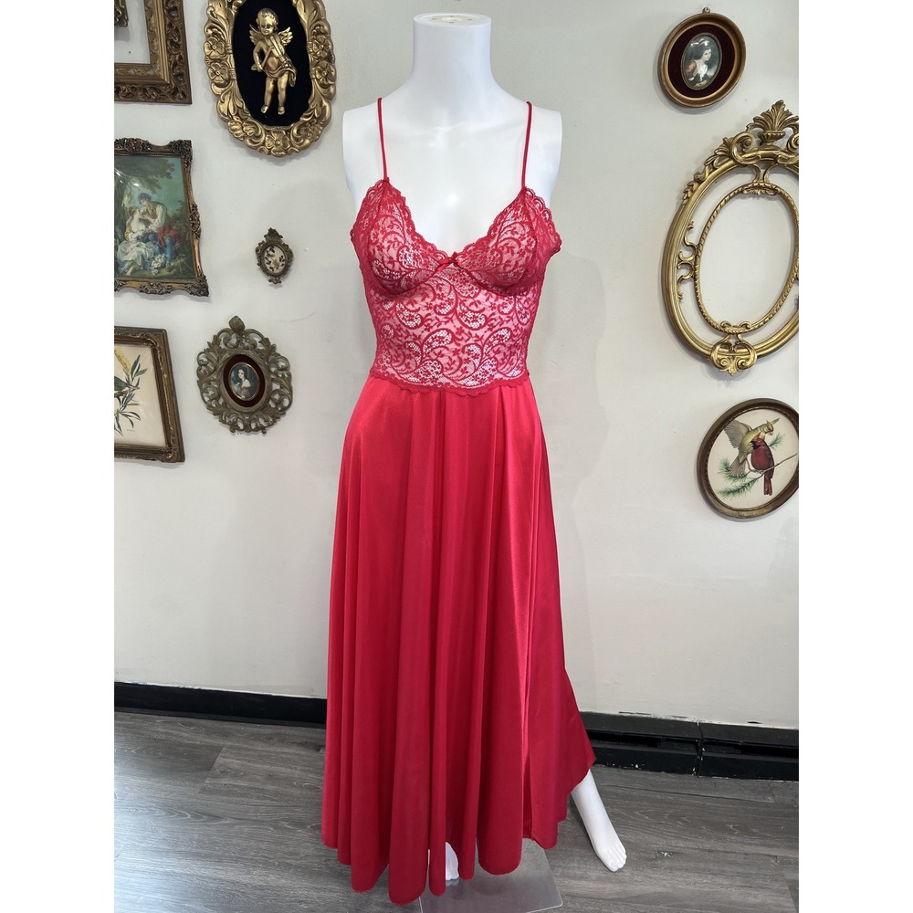 Vintage Vassarette Red Satin & Lace Maxi Slip Nightgown Dress Size 5 Made in USA